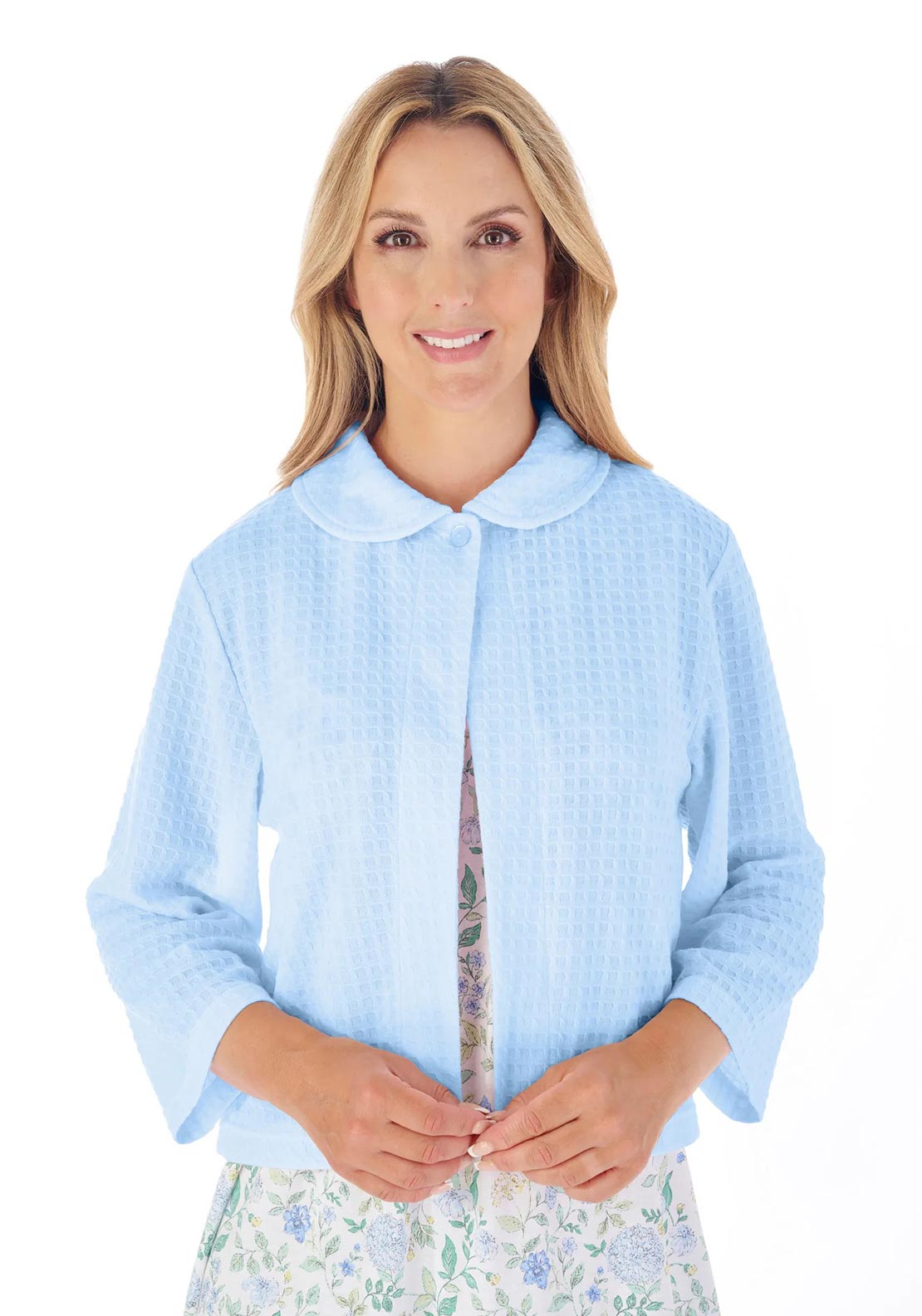 Slenderella Houndstooth Collar Bed Jacket, Blue
