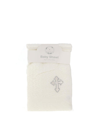 Snuggle Baby Knit Christening Shawl with Cross, White
