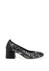 Softmode Faye Leather Metallic Leaf Print Low Heeled Shoes, Black & Silver