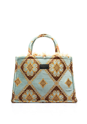 Sorena Grigio Floral Triangle Print Large Tote Bag, Aqua