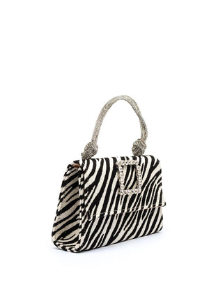 Sorento Meadow Point Diamante Brooch Zebra Print Mini Grab Bag, Black & Cream