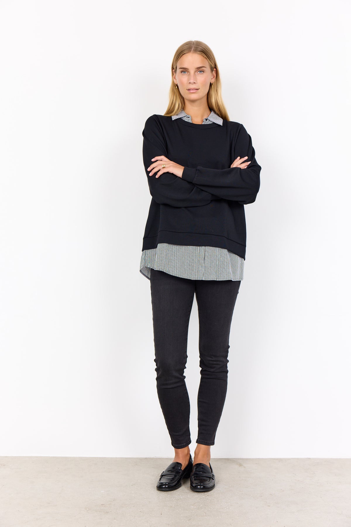 Soya Concept Banu Jumper with Striped Shirt Collar, Black