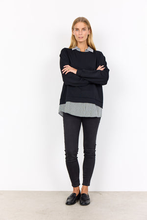 Soya Concept Banu Jumper with Striped Shirt Collar, Black
