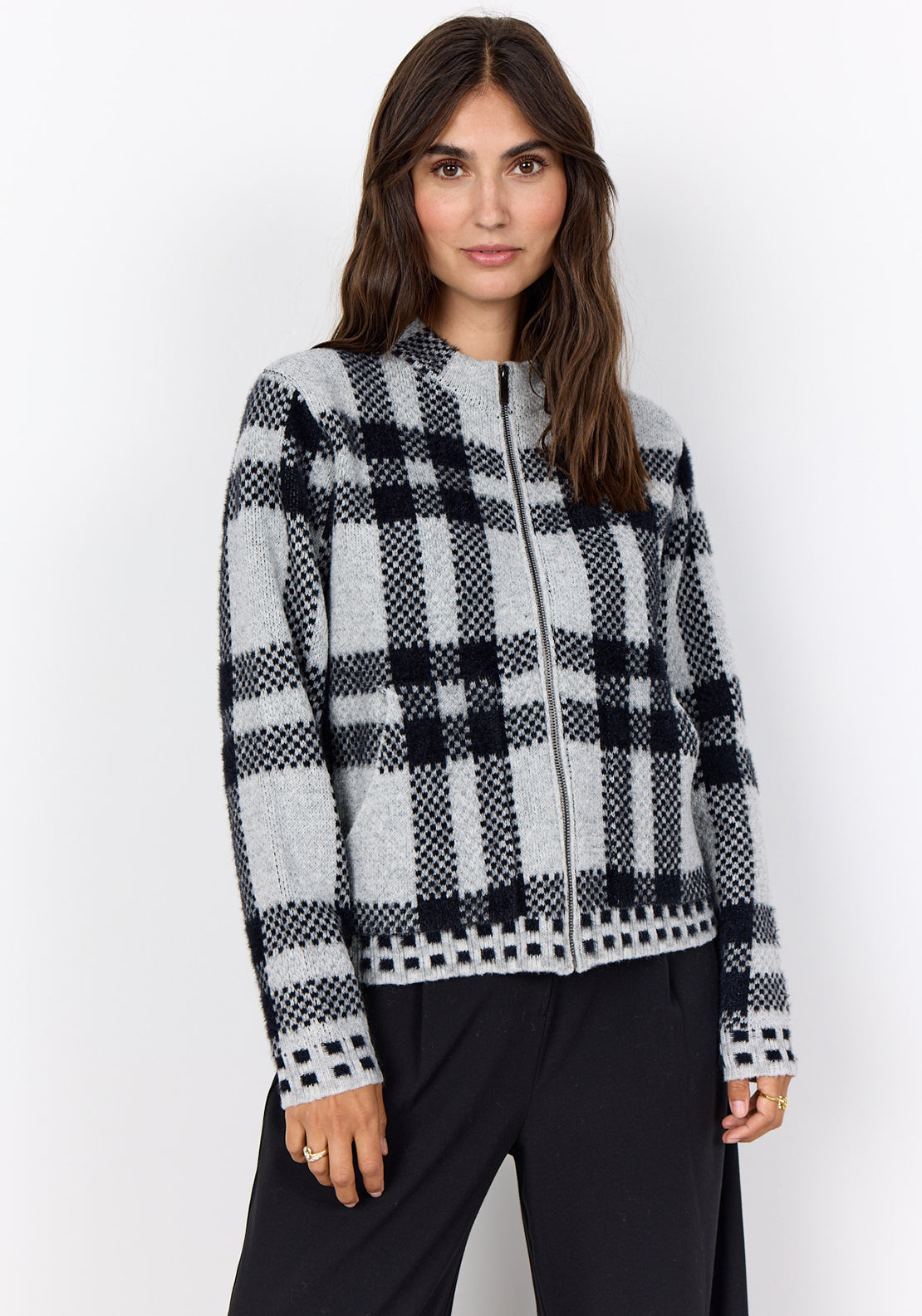 Soyaconcept Vibsa Check Knit Zip Through Cardigan, Grey