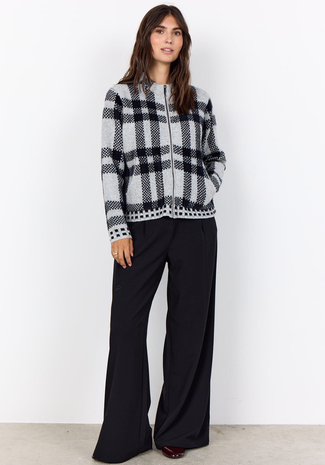 Soyaconcept Vibsa Check Knit Zip Through Cardigan, Grey