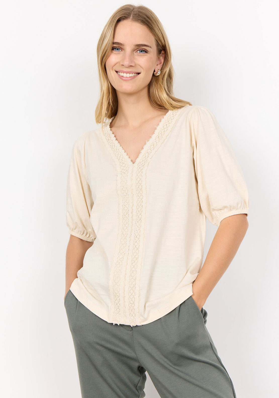 Soyaconcept Babette Lace Detail T Shirt, Cream