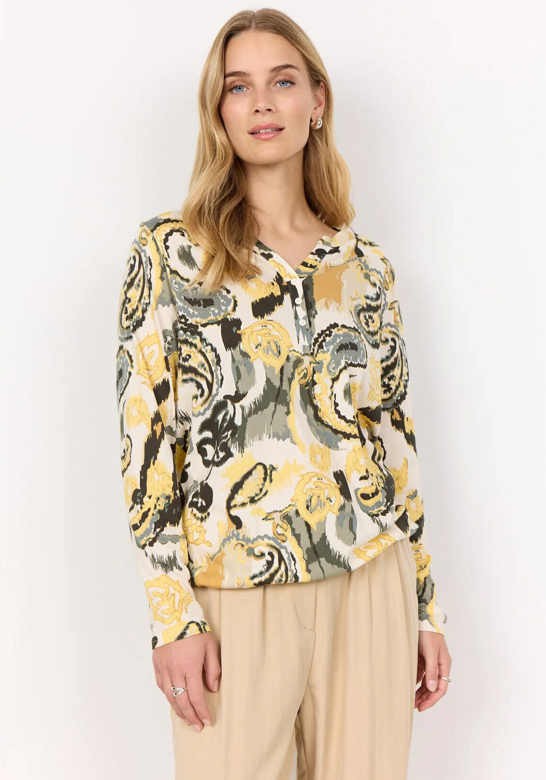 Soyaconcept Felicity Paisley Jersey Button up Blouse, Yellow
