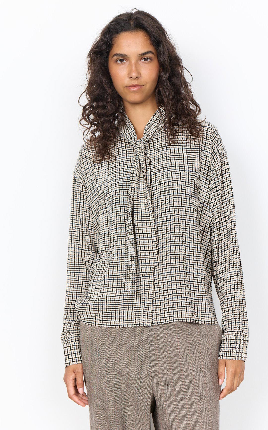 Soyaconcept Checked with Tie Detail Blouse, Beige Multi