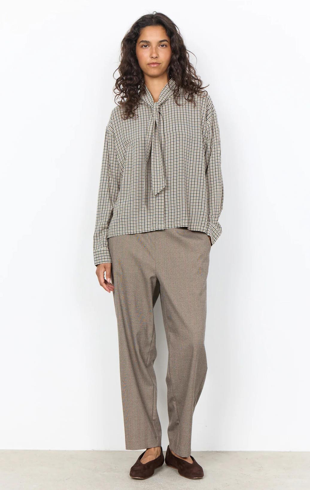 Soyaconcept Checked with Tie Detail Blouse, Beige Multi