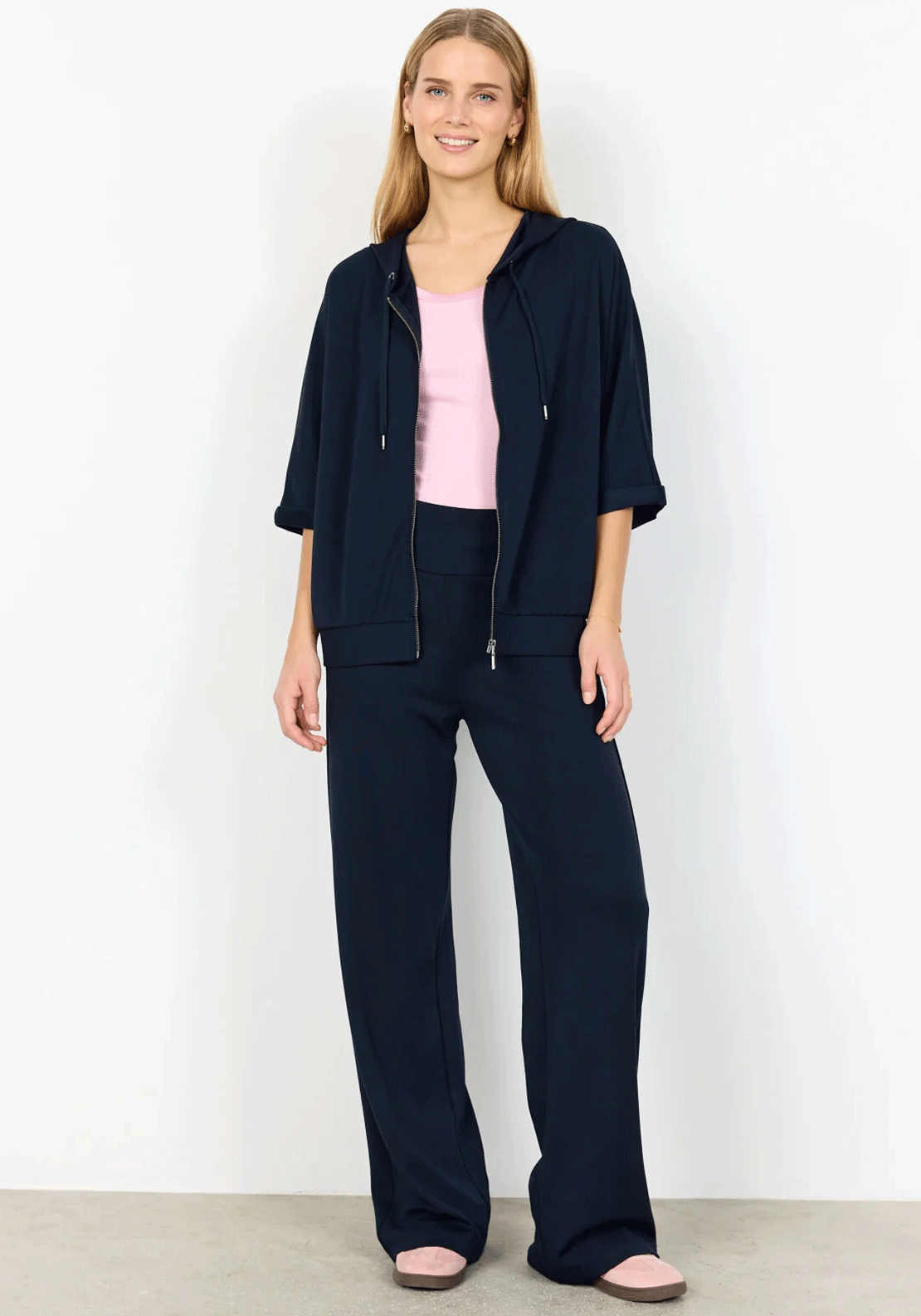 Soyaconcept Banu Cropped Sleeve Zip Hoodie, Navy