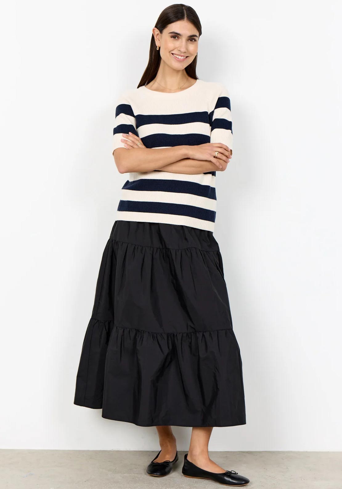 Soyaconcept Ribbed Stripe Short Sleeve Sweater, Cream
