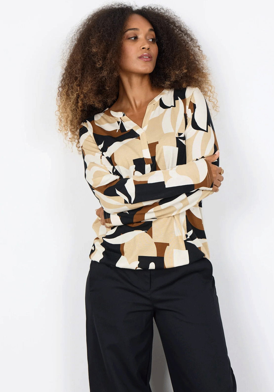 Soyaconcept Felicity Geometric Jersey Top, Beige