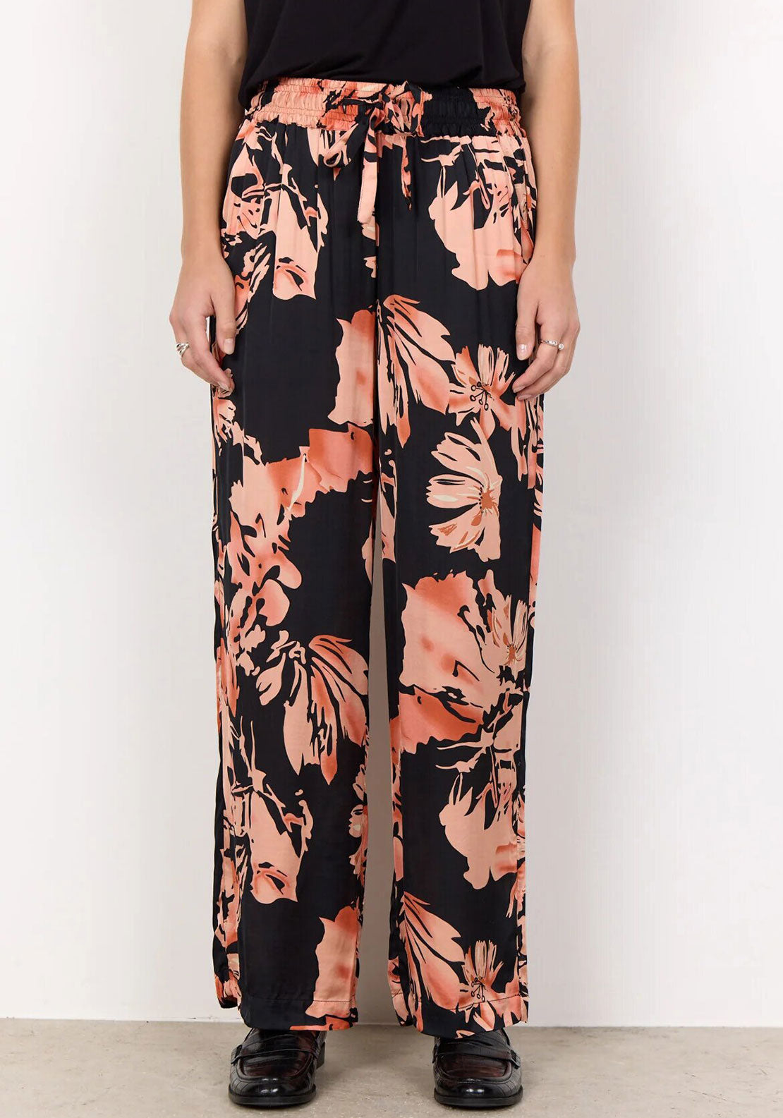 Soyaconcept Peach Floral Satin Wide Leg Trousers, Coral