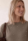 Street One Pearl Embellished Round Neck Knitted Jumper, Taupe