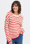 Fransa Belinda Button Details Striped Knit Jumper, Red and Beige