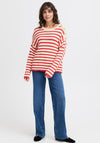 Fransa Belinda Button Details Striped Knit Jumper, Red and Beige