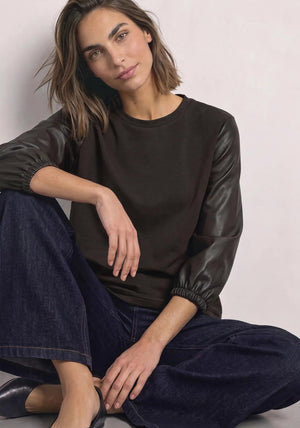 Street One Faux Leather Sleeve Top, Black