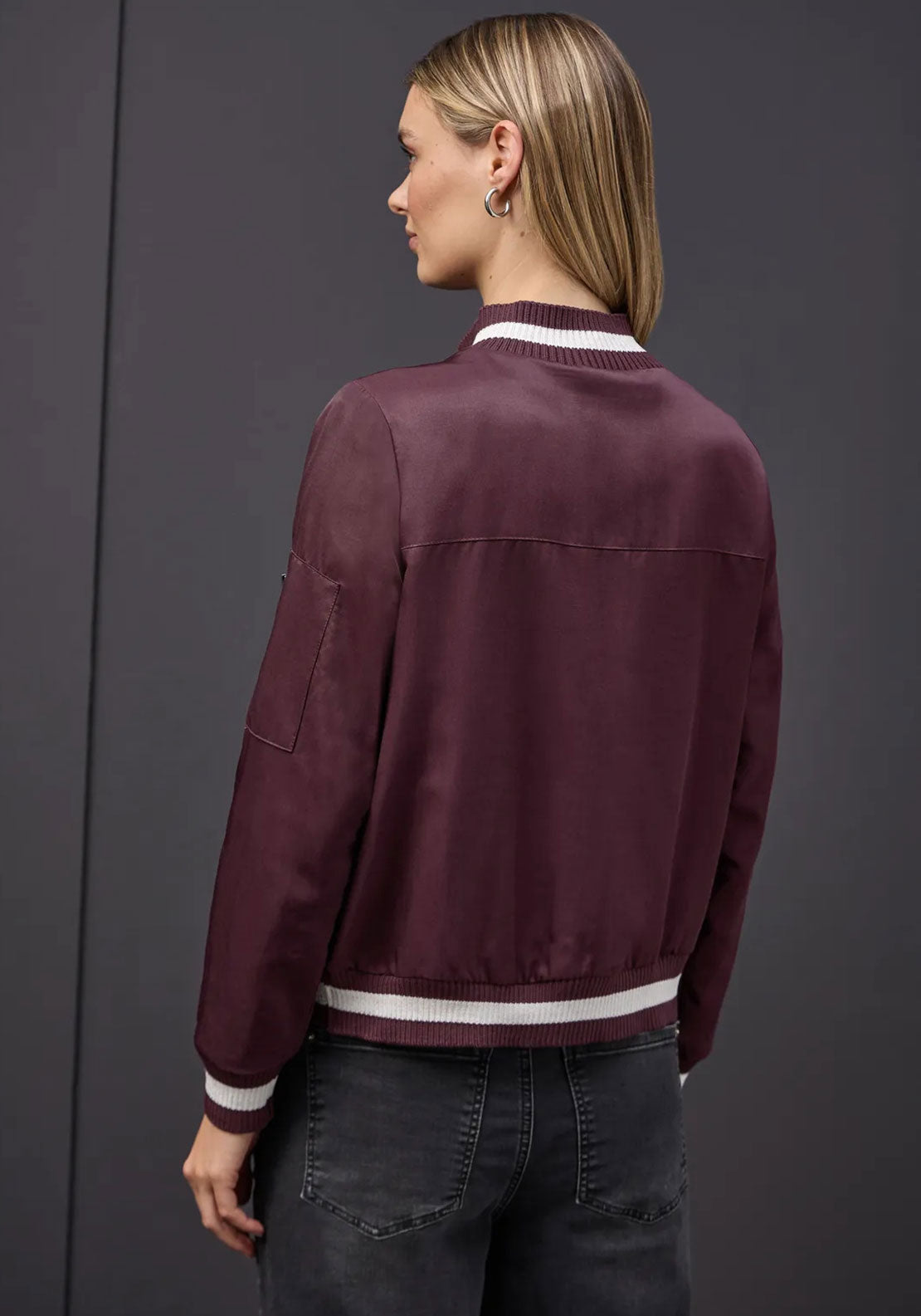 Street One Satin Striped Trim Bomber Jacket, Wine
