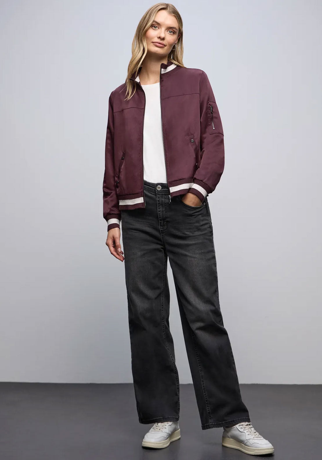 Street One Satin Striped Trim Bomber Jacket, Wine