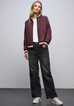 Street One Satin Striped Trim Bomber Jacket, Wine