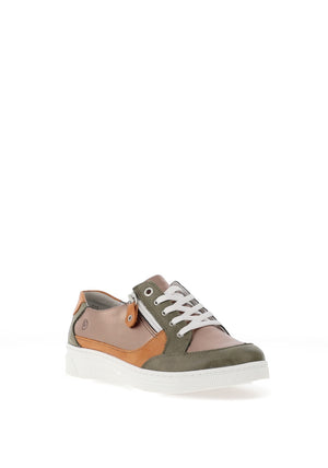 Suave Joy Leather Metallic Panelled Trainers, Olive
