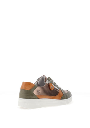 Suave Joy Leather Metallic Panelled Trainers, Olive