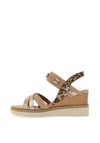 Tamaris Leather Leopard Printed Multi Strap Wedges, Tan Combi