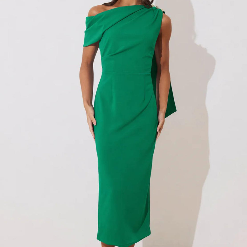 emerald green chiffon asymmetric strap draped midi dress Women's Emerald Green Chiffon Scarf Detail Ruched Maxi Dress