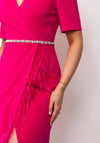 The 8th Sign Vivienne Feather Trim Puff Shoulder Midi Dress, Hot Pink