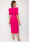 The 8th Sign Vivienne Feather Trim Puff Shoulder Midi Dress, Hot Pink