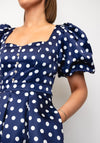 The 8th Sign Puffed Sleeves Polka Dot Midi Dress, Navy