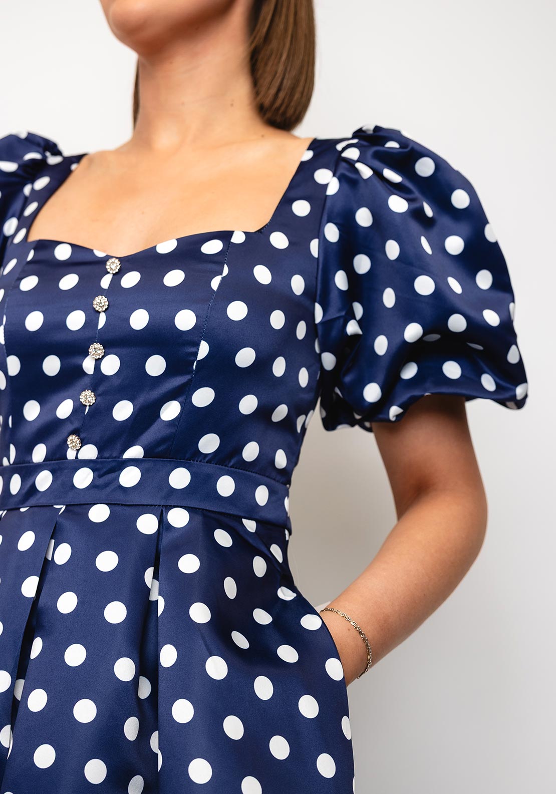 The 8th Sign Puffed Sleeves Polka Dot Midi Dress, Navy