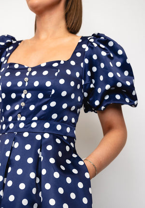 The 8th Sign Puffed Sleeves Polka Dot Midi Dress, Navy