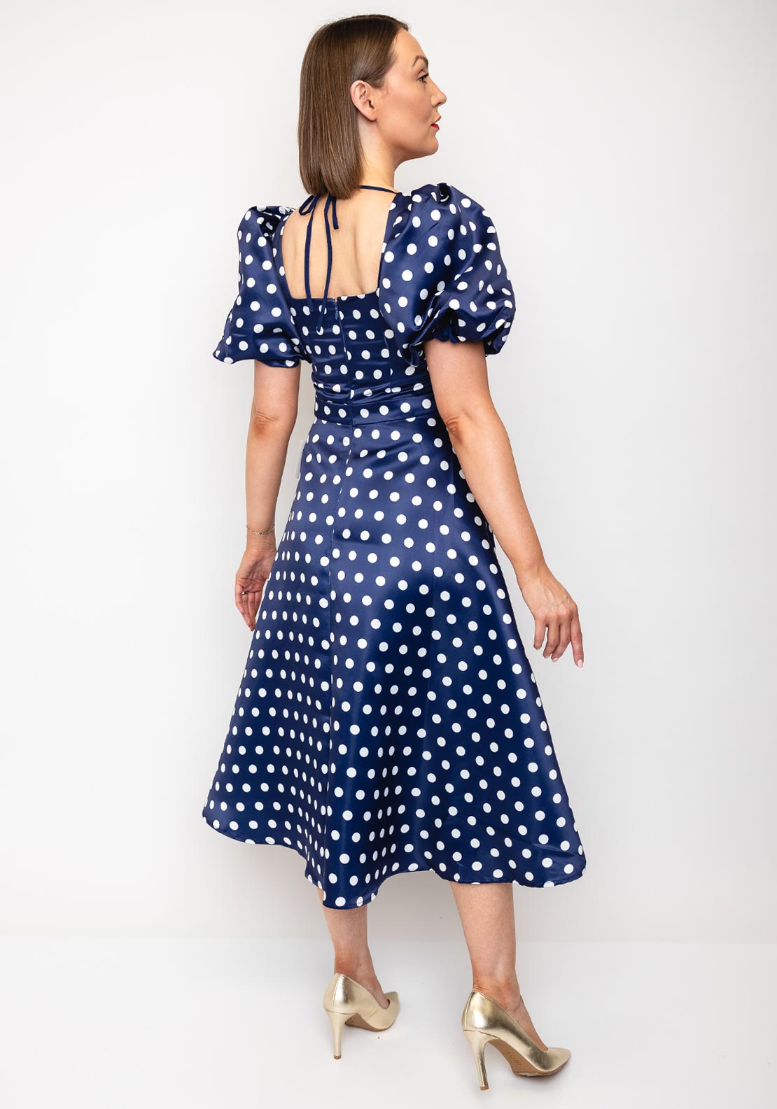 The 8th Sign Puffed Sleeves Polka Dot Midi Dress, Navy