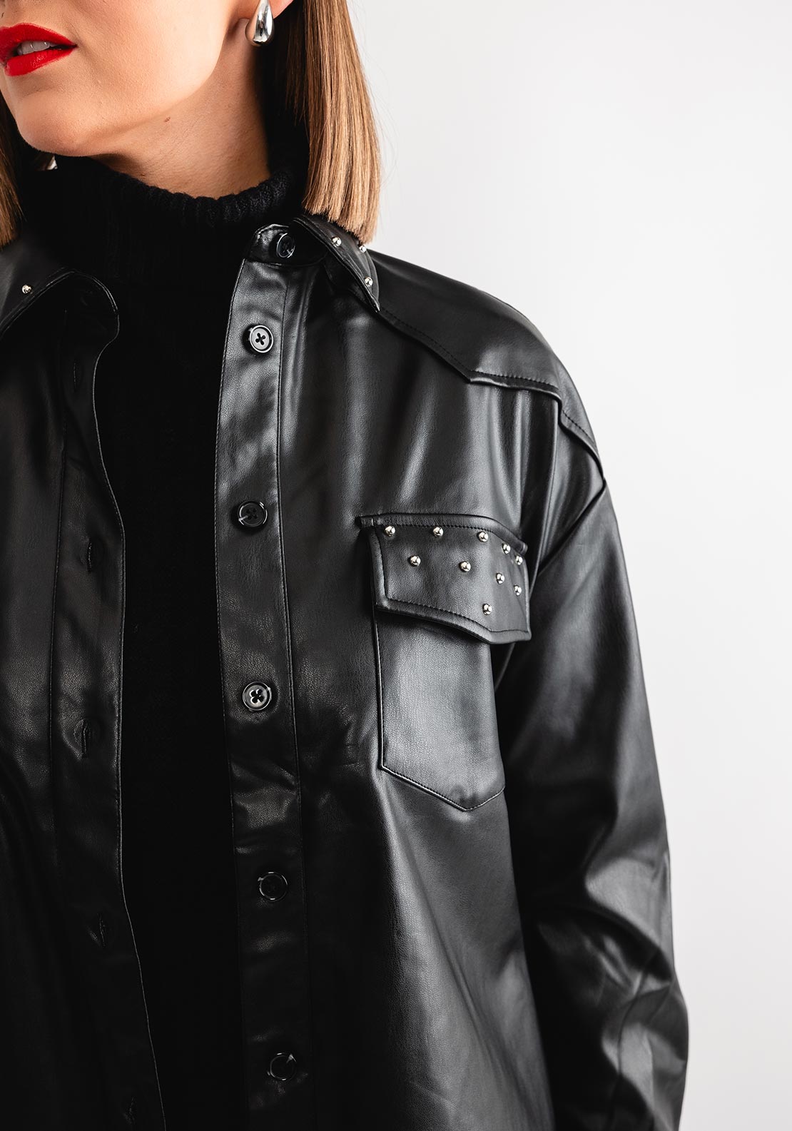 Tiffosi Jack Studded Faux Leather Shacket, Black