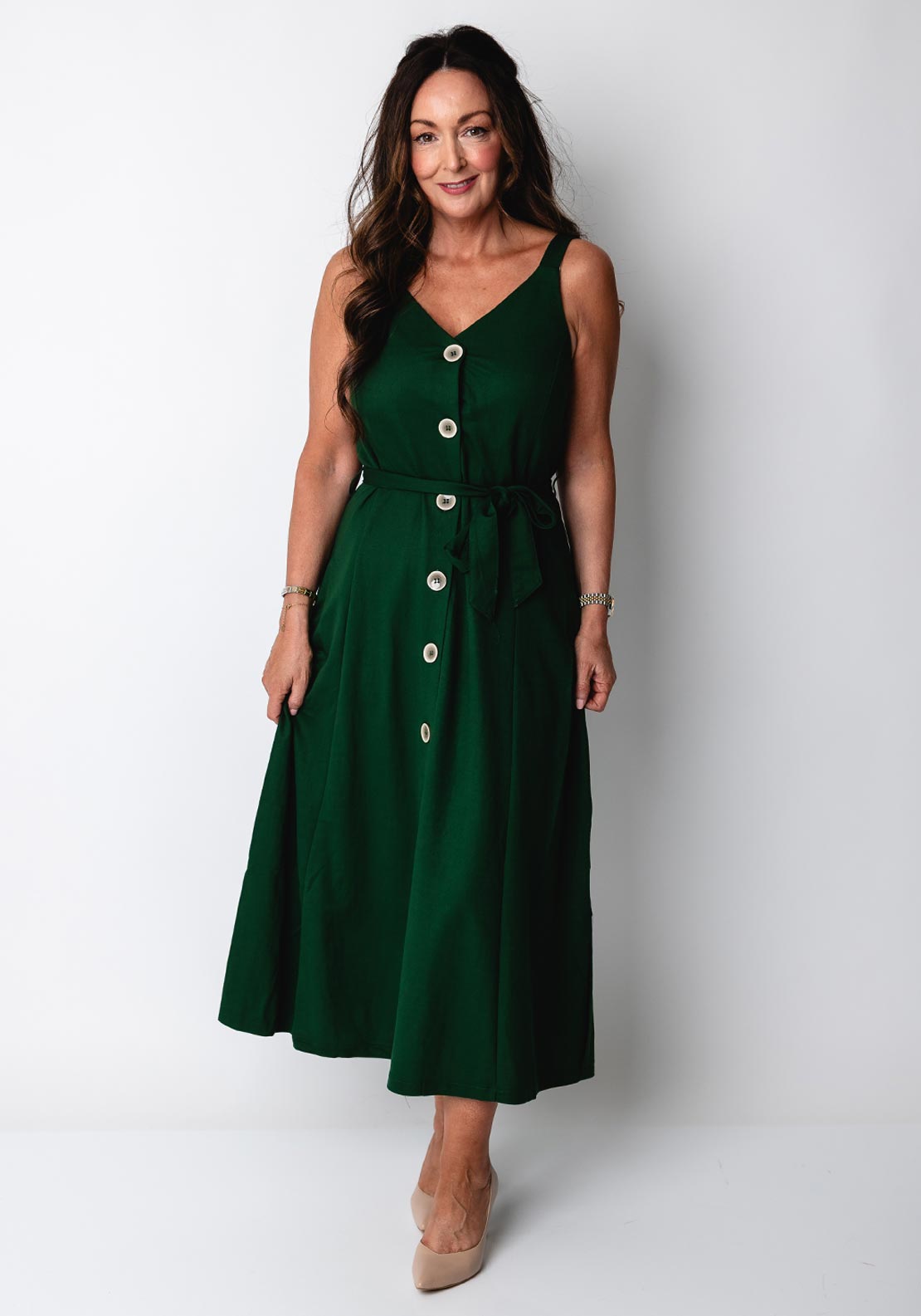 Tiffosi Shara Button Front Midi Dress, Green