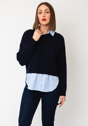 Tiffosi Round Neckline with Shirt Detail Jumper, Navy Multi