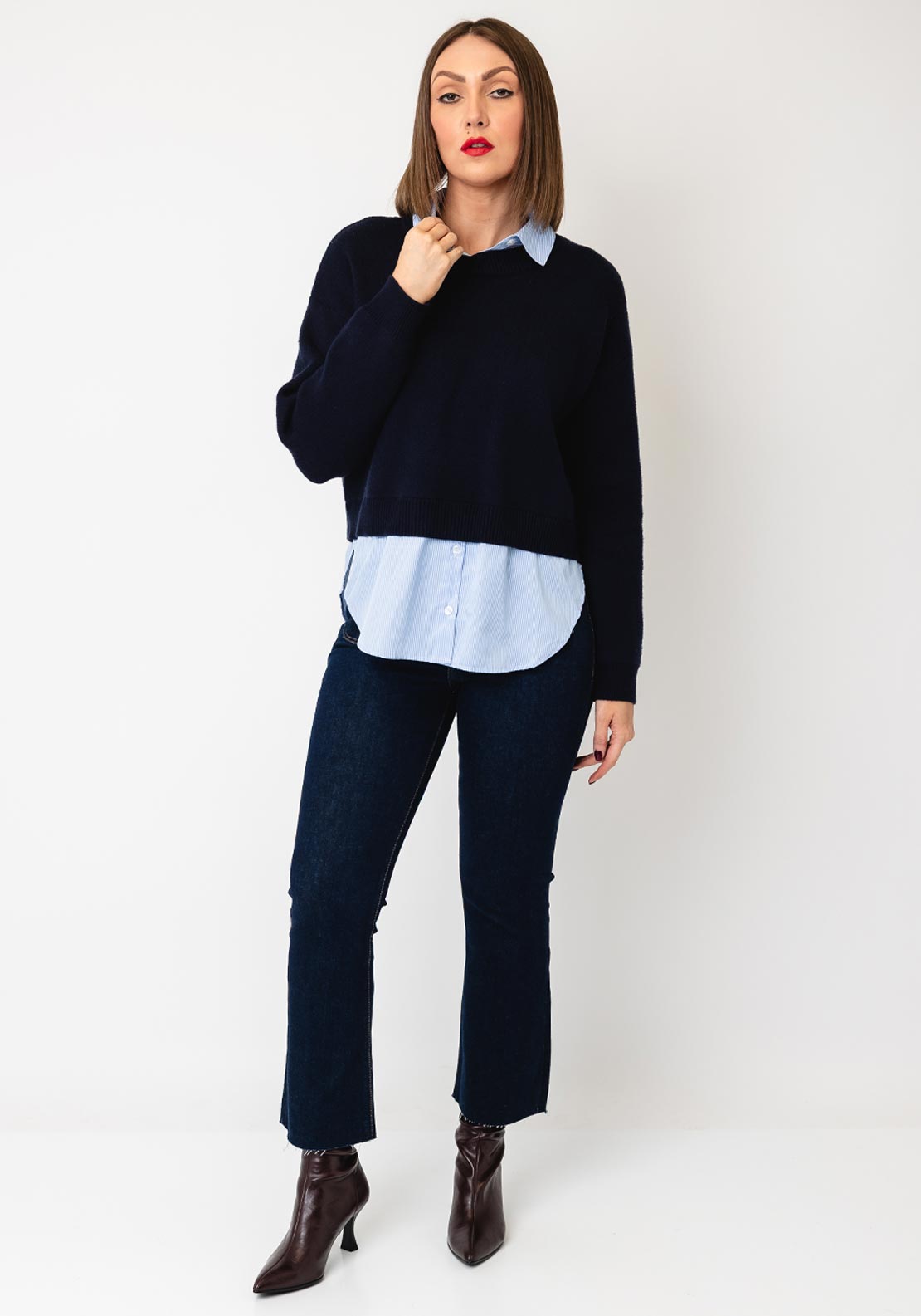 Tiffosi Round Neckline with Shirt Detail Jumper, Navy Multi
