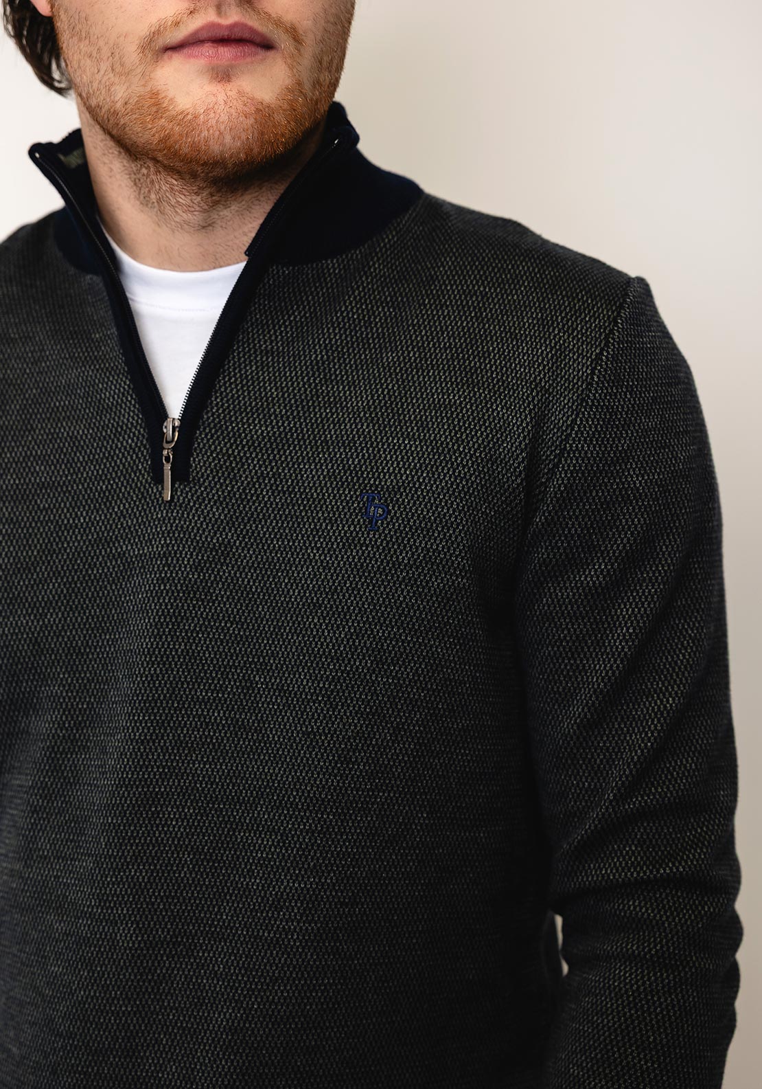 Tom Penn Birdeye Knit Quarter Zip Sweater, Olive & Navy