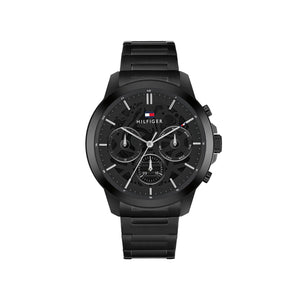 Tommy Hilfiger Mens Skeleton Dial Sub-Counter Watch, Black and Silver