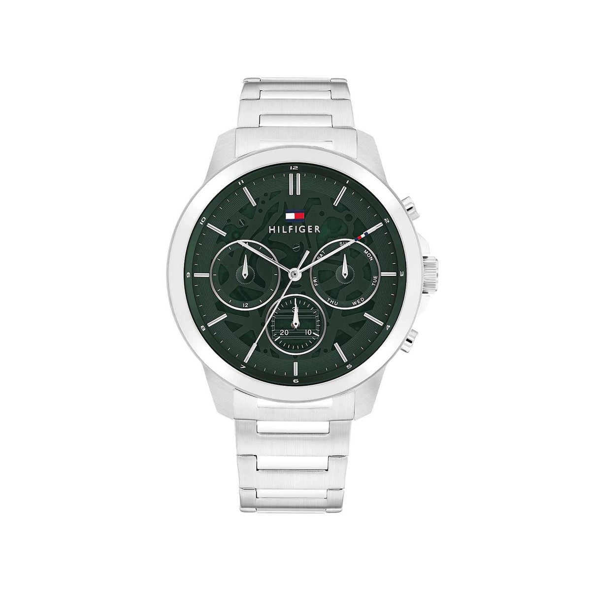 Tommy Hilfiger Mens Skeleton Dial Sub-Counter Watch, Silver and Green