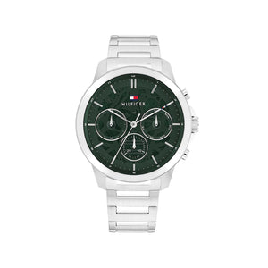 Tommy Hilfiger Mens Skeleton Dial Sub-Counter Watch, Silver and Green