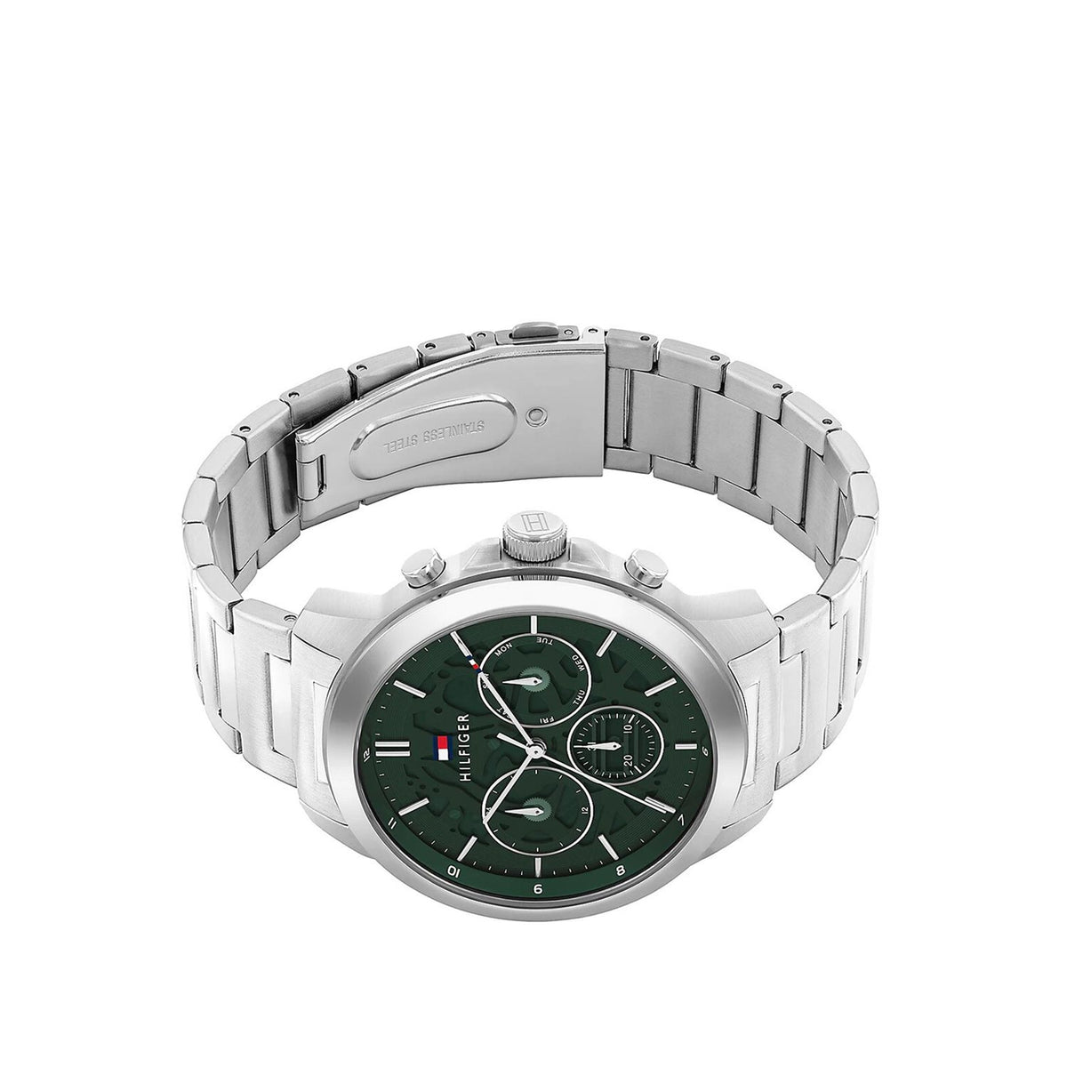 Tommy Hilfiger Mens Skeleton Dial Sub-Counter Watch, Silver and Green