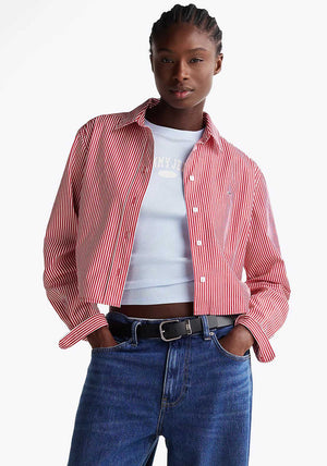 Tommy Hilfiger Striped Cropped Poplin Shirt, Red and White