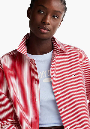 Tommy Hilfiger Striped Cropped Poplin Shirt, Red and White