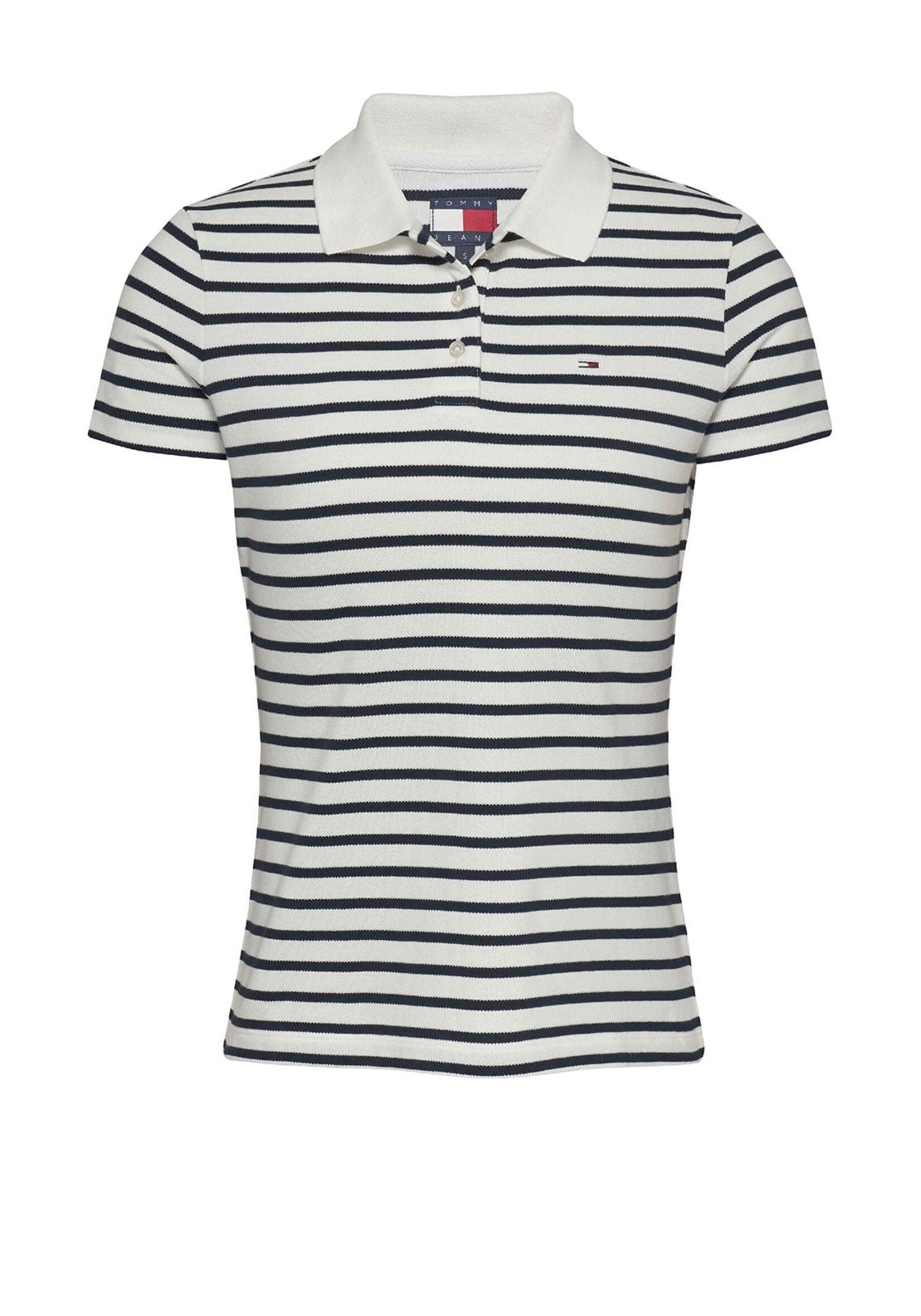 Tommy Jeans Logo Flag Striped Polo Shirt, White and Navy