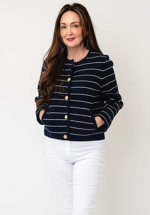 Tommy Hilfiger Ribbed Button Up Cardigan, Navy and White
