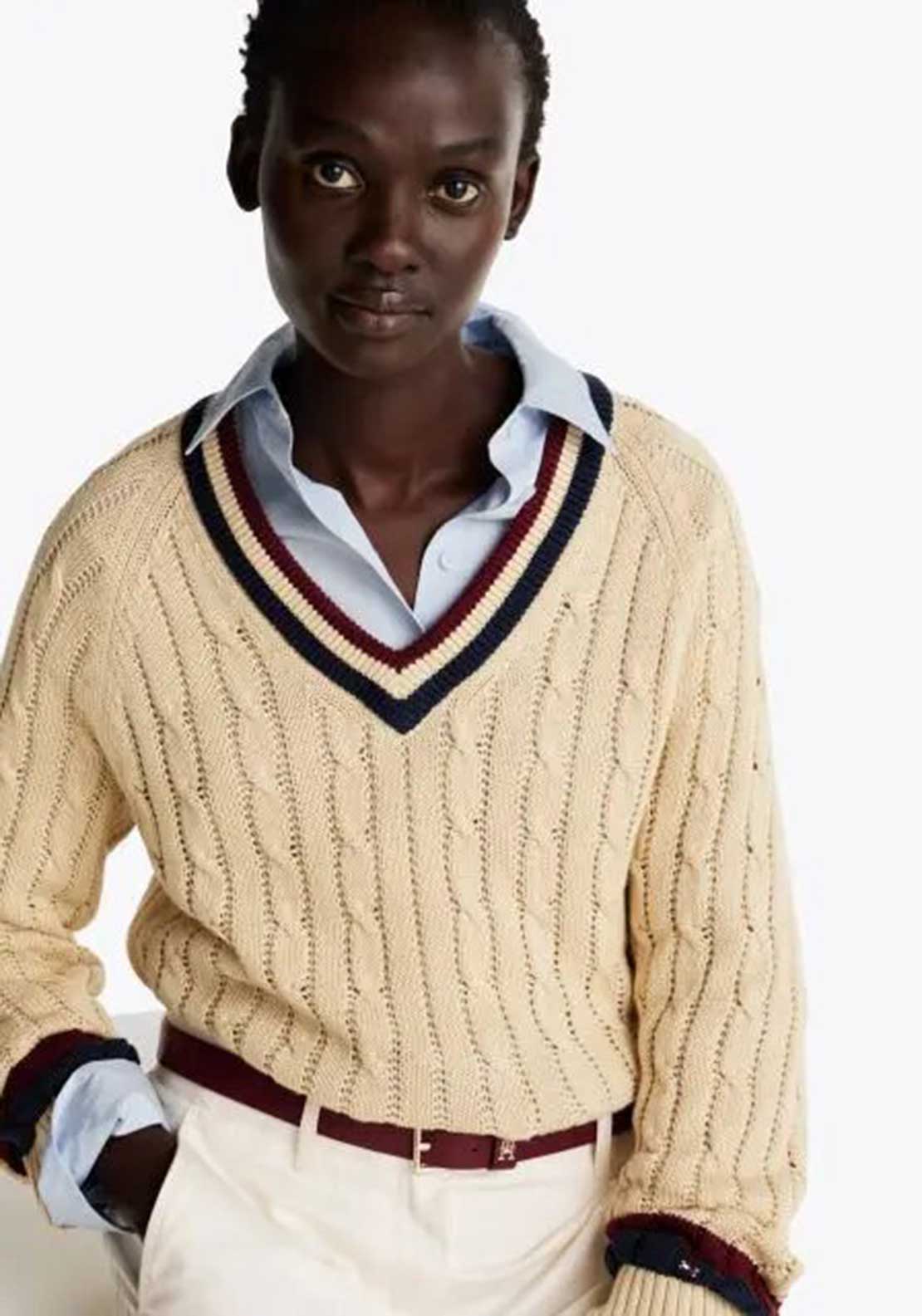 Tommy Hilfiger Womens Cable Knit V Neck Jumper, Beige