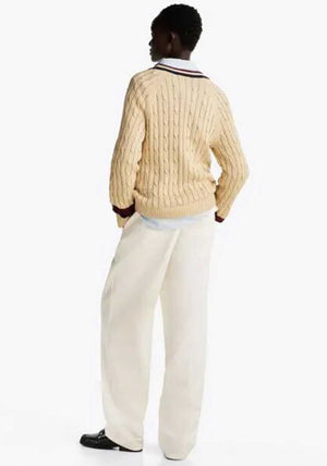 Tommy Hilfiger Womens Cable Knit V Neck Jumper, Beige