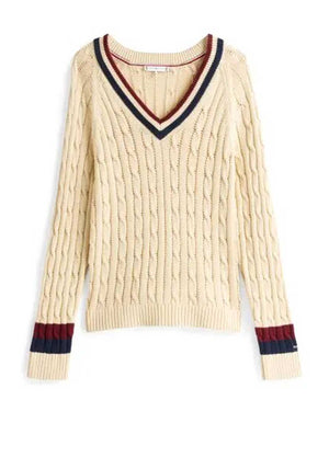 Tommy Hilfiger Womens Cable Knit V Neck Jumper, Beige